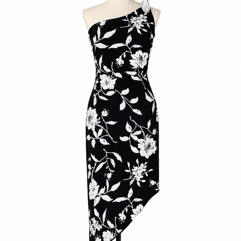 Cache Black & White Floral One-Shoulder Asymmetric Dress